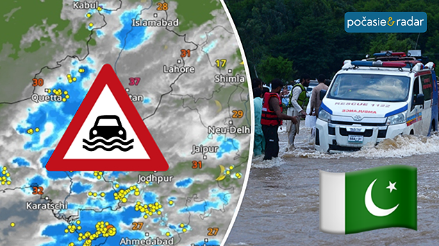 Vľavo radar s intenzívnymi dažďami nad južnou Áziou, výstražný symbol nad Pakistanom. Vpravo ľudia a sanitka v vode po pás.