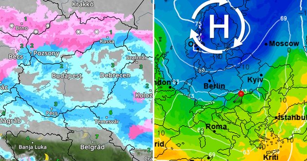 Csapadékos időszak látható az IdőjárásRadaron, míg a nyomási térképen jobbra az északról határoló anticiklon látható.