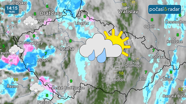 Meteoradar, screenshot, 16. 3. 14:15: Pondělí do Česka přináší velkou oblačnost s přeháňkami. S přeháňkami se setkáme ještě i v úterý.