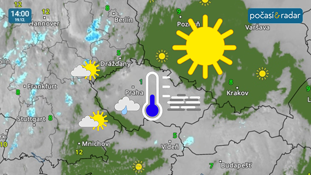 Meteoradar, screenshot, 19. 12. 14:00: I samotný závěr tohoto týdne se počasí v Česku nese v duchu výrazné teplotní inverze. Na snímku z pátečního odpoledne na našem Meteoradaru je patrná vrstva mlh a nízké inverzní oblačnosti pokrývající naši republiku.