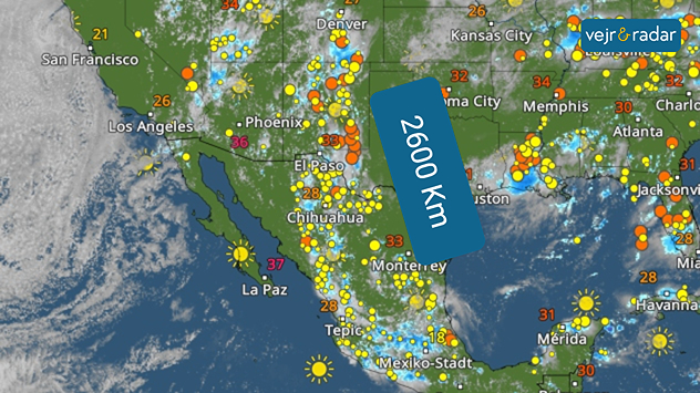 Vejrradarkort over Nordamerika viser en stribe af lyn fra Mexico til Denver der strækker sig 2600 km.