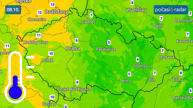 Předpověď minimálních teplot v Česku na středu 8. 10. Oproti předchozímu týdnu nás v týdnu nadcházejícím čekají výrazně teplejší noci – například v noci na středu minimální teploty místy pravděpodobně nepoklesnou pod 10 °C.