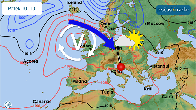 Předpověď synoptické situace nad Evropou na pátek 10. 10. Chladné severozápadní proudění si udrží hlavní vliv na počasí v Česku po většinu týdne. Na závěr týdne k nám bude chladnější vzduch od severozápadu proudit po přední straně tlakové výše se středem nad Britskými ostrovy. Oblast vyššího tlaku vzduchu se u nás na závěr týdne postará o úbytek srážek a četnější sluneční svit.