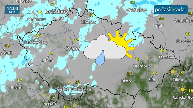 Meteoradar, screenshot, 8. 10. 14:00: V dalších dnech srážek ubude, nadále se ale budeme místy setkávat s občasnými slabými přeháňkami. Na obloze bude převládat velká oblačnost.