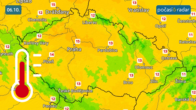 Předpověď maximálních teplot v Česku na pondělí 6. 10. V pondělí zůstanou nejvyšší denní teploty na většině území do 15 °C.