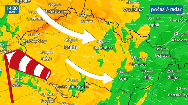 Větrný radar, screenshot, 6. 10. 14:00: Pondělím nás bude provázet mírný západní až severozápadní vítr, který bude zejména v Čechách během dne přechodně zesilovat až na čerstvý.