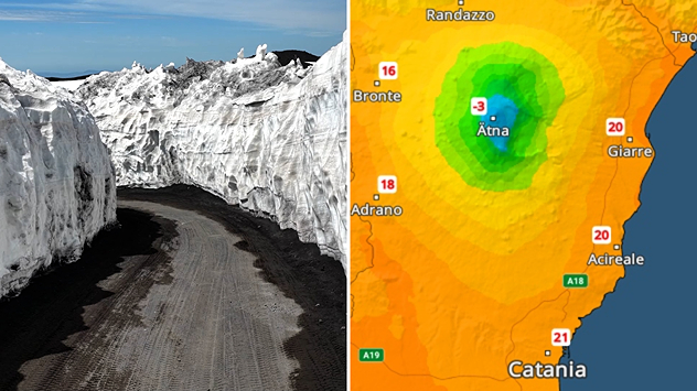 On the left, high walls of snow along a road on Mount Etna. On the right, a temperature map showing a cold centre at the volcano. A marked drop in temperature from west to east towards the coast.