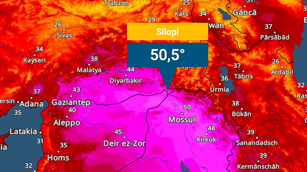 TemperaturRadar Türkei mit Texttafel Silopi 50,5 Grad