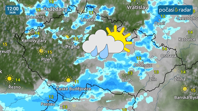 Meteoradar, screenshot, 24. 9. 12:00: Po slunečné středě přinese čtvrtek opět oblačnější počasí s častějšími srážkami.