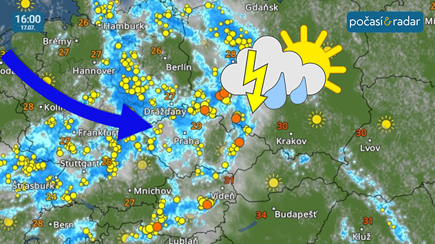 Meteoradar, screenshot, 17. 7. 16:00: V pátek bude přes naše území od západu až severozápadu přecházet studená fronta, doprovázená četnými přeháňkami a bouřkami.