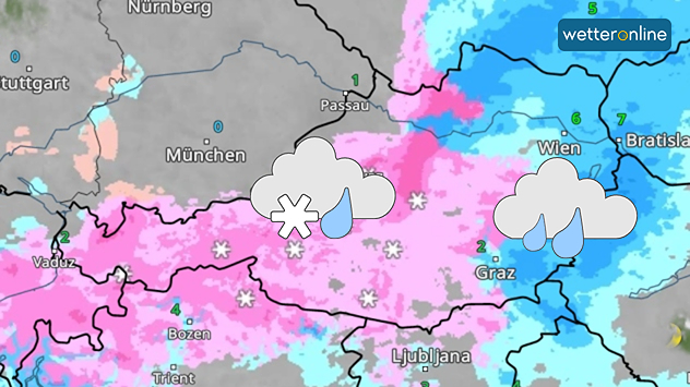 Das WetterRadar zeigt Regen- und Schneefälle über Österreich.