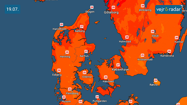 Temperaturkort over Danmark lørdag d. 19. juli, viser hede med temperaturer op til 27 grader.