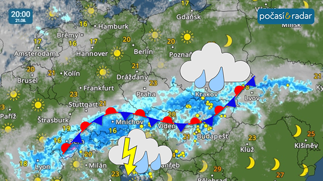 Meteoradar, screenshot, 21. 8. 20:00: Ve čtvrtek ovlivní české počasí frontální rozhraní v souvislosti s oblastí nízkého tlaku vzduchu nad jihovýchodní Evropou.