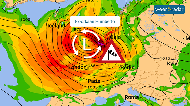 Een kaart met de windstoten toont dat Ex-orkaan Humberto voor zware windstoten kan gaan zorgen tegen het einde van de week.