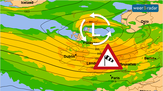 De weerkaart van West-Europa toont voor begin volgende week stormachtig weer, veroorzaakt door een diepe depressie met kern boven Schotland.