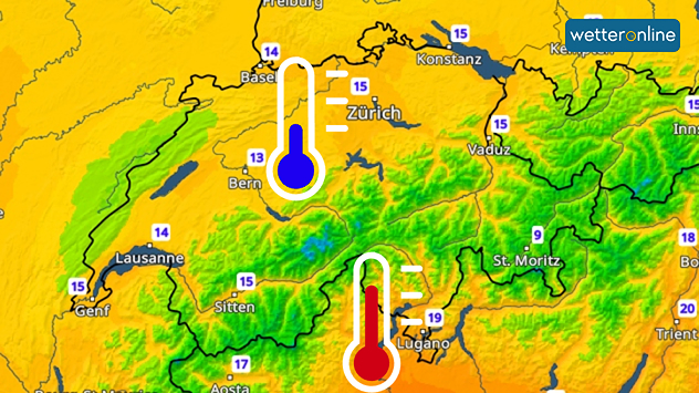 Wetterkarte für die Schweiz zeigt angenehme Nächte mit Temperatursymbolen.