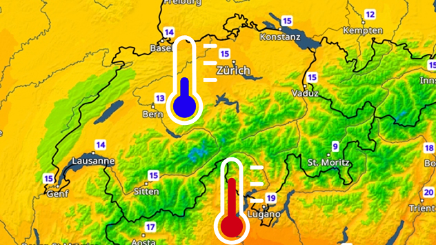 Wetterkarte für die Schweiz zeigt angenehme Nächte mit Temperatursymbolen.