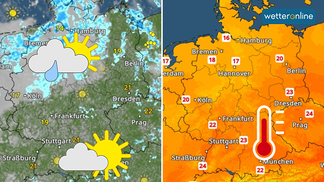 Wetterkarten für Deutschland zeigen am Sonntag mehr Wolken und Schauer im Norden sowie sonnigeres und wärmeres Wetter im Süden.