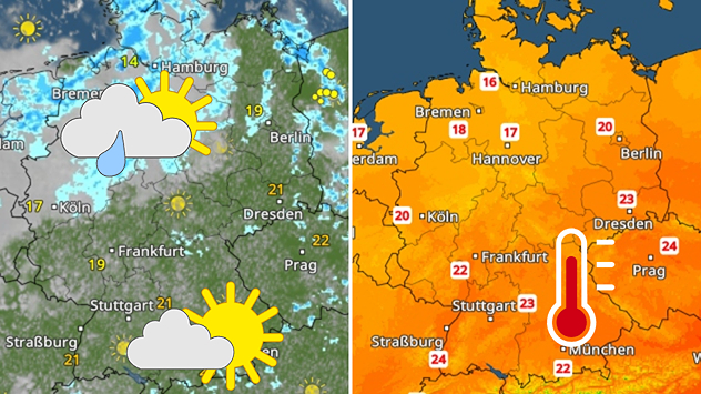 Wetterkarten für Deutschland zeigen am Sonntag mehr Wolken und Schauer im Norden sowie sonnigeres und wärmeres Wetter im Süden.