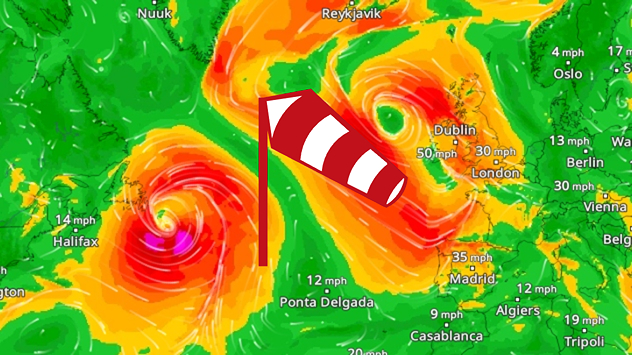Weather map showing two strong storm systems over the North Atlantic. High wind speeds near Halifax and west of Ireland.