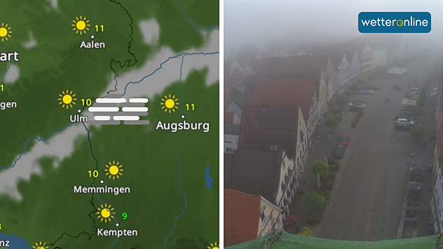 WetterRadar mit Nebel an der Donau und Webcam-Bild aus Günzburg
