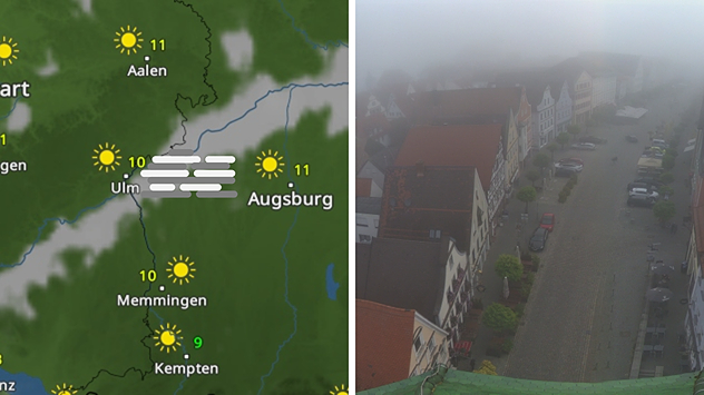 WetterRadar mit Nebel an der Donau und Webcam-Bild aus Günzburg