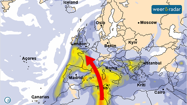 De voorspellingskaarten voor donderdag tonen grote delen van Zuidwest-Europa onder een dichte stofsluiers.