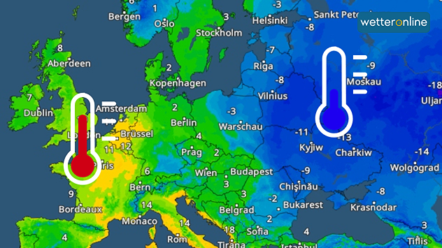 Europakarte mit TemperaturRadar am Samstagnachmittag. Warme Farben im Westen mit milden Temperaturen, kalte Blautöne im Osten mit starkem Frost.