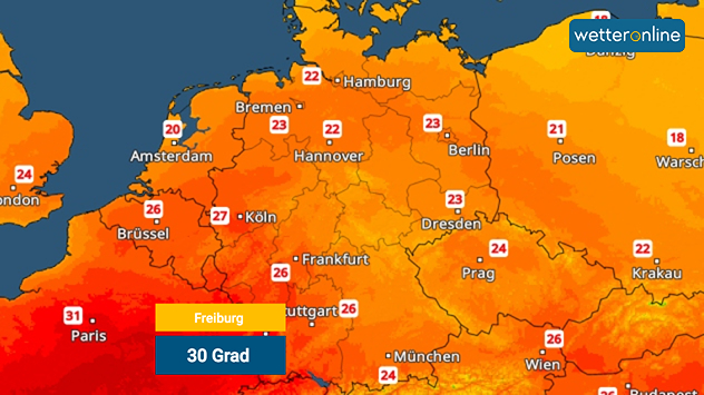 Das TemperaturRadar zeigt am Dienstag 30 Grad in Freiburg und 23 Grad in Berlin.