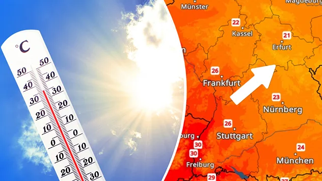 Ein Thermometer mit 35 Grad und Sonnenschein zeigt, wo es nächste Woche mit den Temperaturen hingehen kann.