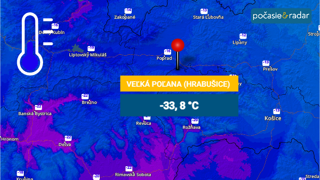 Teplotná mapa s minimálnymi teplotami 9.1.2026. Vyznačená poloha Veľkej Poľane a hodnota -33,8 °C. Vľavo hore symbol nízkej teploty na teplomeri.