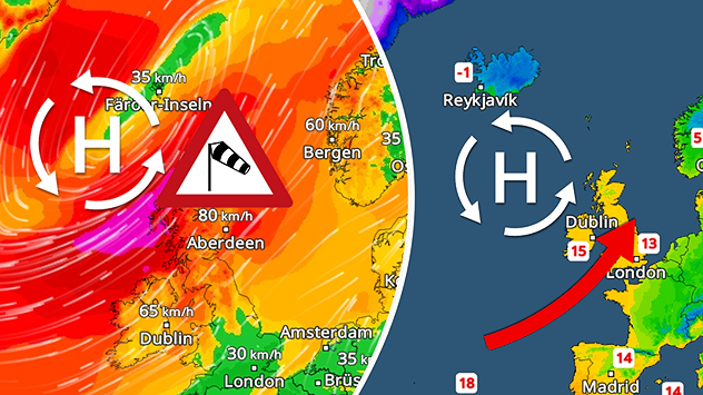 Радар вітру показує штормові пориви в Шотландії, а радар температур — графік, який ілюструє, як штормовий циклон приносить тепле повітря.