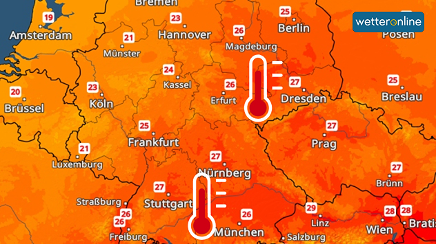 Temperaturkarte für Montag mit sommerlichen 26 bis 28 Grad im Osten und Süden Deutschlands. Thermometersymbol betont die warme Luft.