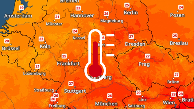 Temperaturkarte für Montag mit sommerlichen Höchstwerten bis 28 Grad im Osten und Süden Deutschlands. Thermometersymbol markiert die warme Luft.