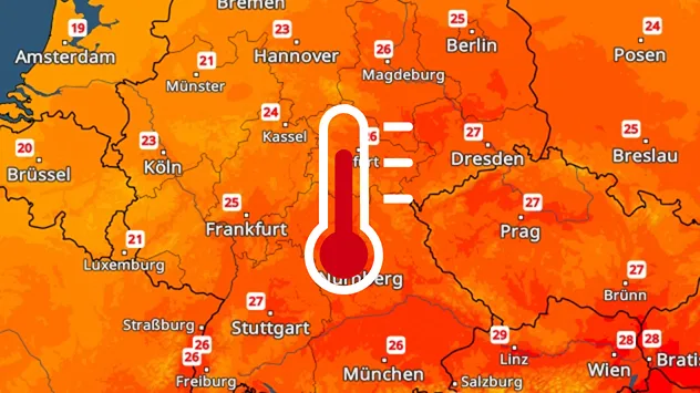 Temperaturkarte für Montag mit sommerlichen Höchstwerten bis 28 Grad im Osten und Süden Deutschlands. Thermometersymbol markiert die warme Luft.