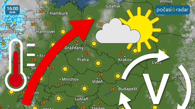 Meteoradar, screenshot, 20. 9. 16:00: Do Česka proudí velmi teplý vzduch od jihozápadu po zadní straně tlakové výše se středem nad jihovýchodní Evropou. Tento víkend tak přináší slunečné a velice teplé počasí.
