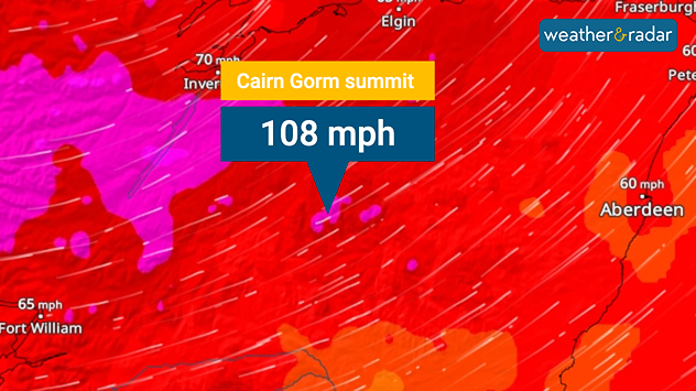 Wind map showing a gust speed of 108 miles per hour at the summit of Cairn Gorm.