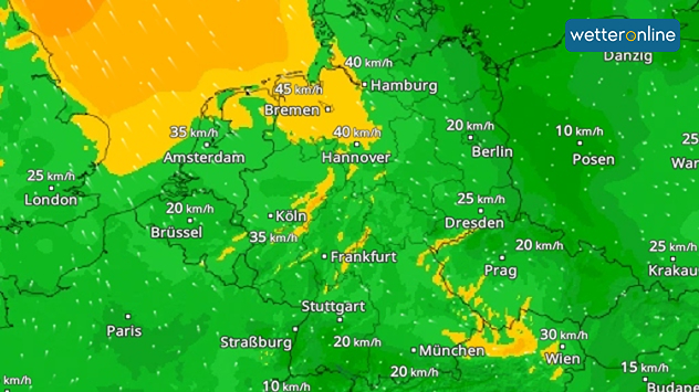 WindRadar zeigt für Mittwochnachmittag böigen Südostwind