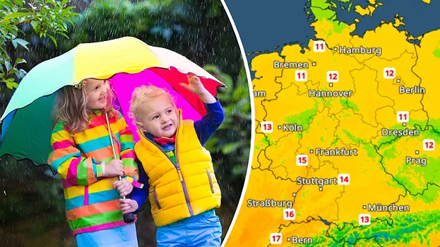 Kinder mit Regenschirm im Regen neben einer Wetterkarte mit kühleren Temperaturen in Deutschland zu den Eisheiligen.