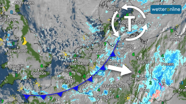 Das WetterRadar zeigt Regen an der Kaltfront von Tief UTE.