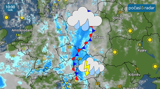 Meteoradar, screenshot, 14. 9. 10:00:  Vydatné srážky se na části našeho území vyskytnou v souvislosti s pohybem frontálního rozhraní nad střední Evropou.