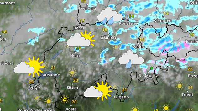 Eine Wetterkarte der Schweiz zeigt im Osten Regen und im Westen freundliches Wetter.