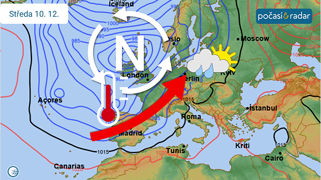 Předpověď synoptické situace nad Evropou, středa 10. 12. V příštím týdnu bude do počasí v Česku více zasahovat tlaková níže nad západní Evropou. Po její přední straně k nám bude proudit teplý vzduch od jihozápadu, teploty tak čekejme spíše vyšší.