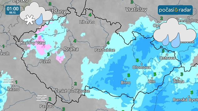 Meteoradar, screenshot, 5. 12., 1:00: Na závěr tohoto týdne začne do počasí u nás více zasahovat oblast nízkého tlaku vzduchu nad západní Evropou. Častěji se tak budou objevovat srážky – mimo horské oblasti převážně dešťové.