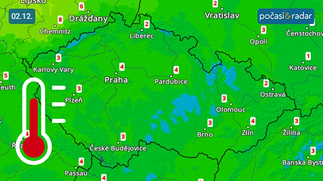 Předpověď maximálních denních teplot v Česku na úterý 2. prosince: Denní teploty se v těchto dnech pohybují na hodnotách slabě nad nulou.