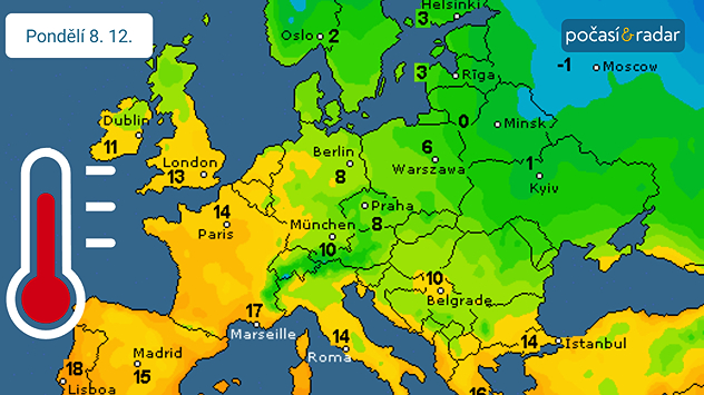 Předpověď maximálních teplot v Evropě na pondělí 8. 12. Příští týden pravděpodobně přinese do Česka vyšší teploty. Například v pondělí očekáváme denní maxima kolem 8 °C.
