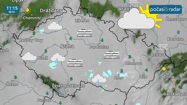 Meteoradar, screenshot, 2. 12., 11:15: V těchto dnech v Česku panuje sychravé počasí spojené s teplotní inverzí. Obloha je většinou pokrytá nízkou oblačností, časté jsou mlhy i mrholení. Až polojasno převládá místy hlavně na horách.
