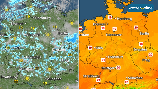 Zu sehen sind zwei Wetterkarten für Deutschland im Vergleich. Links zeigt ein Satellitenbild vielerorts dichte oder wechselnde Bewölkung, daneben gibt es vor allem im Osten und Süden sonnige Abschnitte. Rechts sind die Temperaturen dargestellt: Sie liegen meist zwischen 18 und 21 Grad, am Oberrhein werden bis zu 23 Grad erreicht.