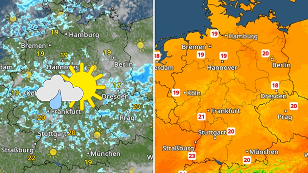 Zu sehen sind zwei Wetterkarten für Deutschland im Vergleich. Links zeigt ein Satellitenbild vielerorts dichte oder wechselnde Bewölkung, daneben gibt es vor allem im Osten und Süden sonnige Abschnitte. Rechts sind die Temperaturen dargestellt: Sie liegen meist zwischen 18 und 21 Grad, am Oberrhein werden bis zu 23 Grad erreicht.