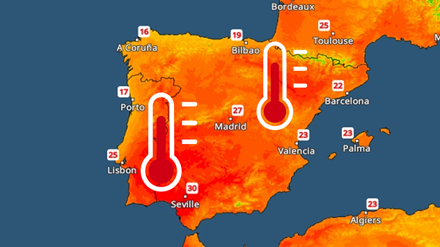 Temperature map of southern Europe, showing maximum temperatures in red for a few cities in Spain, Portugal and France.